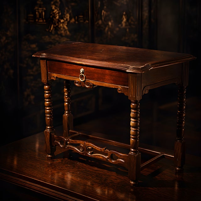 This 17th century antique side table is a walnut piece featuring turned legs and a single drawer, French Louis XIII or...