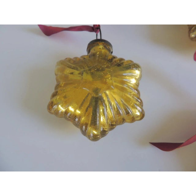 Art Deco Gold Tone Mercury Glass Ornaments With Silk Ribbons - Set of 4 For Sale - Image 3 of 7
