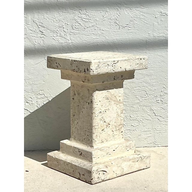 Elevate your interior with the raw, organic beauty of this vintage coquina stone pedestal. Masterfully carved, this piece...