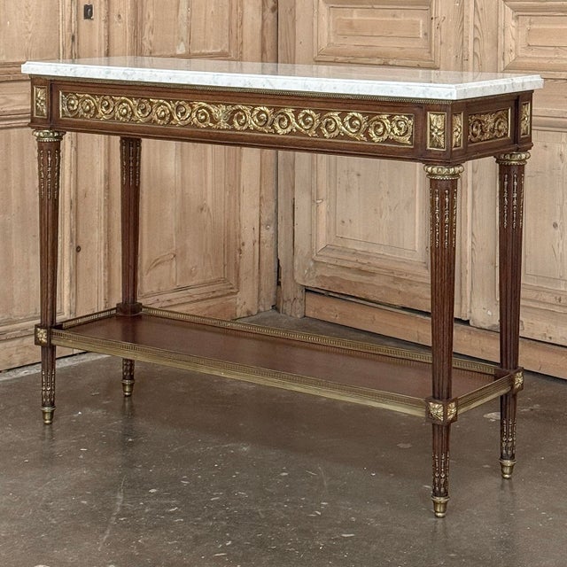 Antique French Louis XVI Mahogany Console Sofa Table With Carrara Marble For Sale - Image 4 of 18