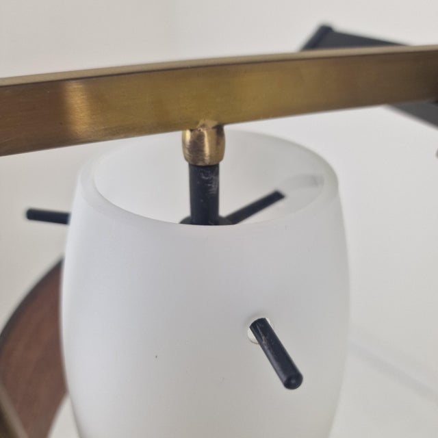 Mid-Century Italian Brass, Teak and Opaline Glass Chandelier attributed to Stilnovo, 1960s For Sale - Image 9 of 14