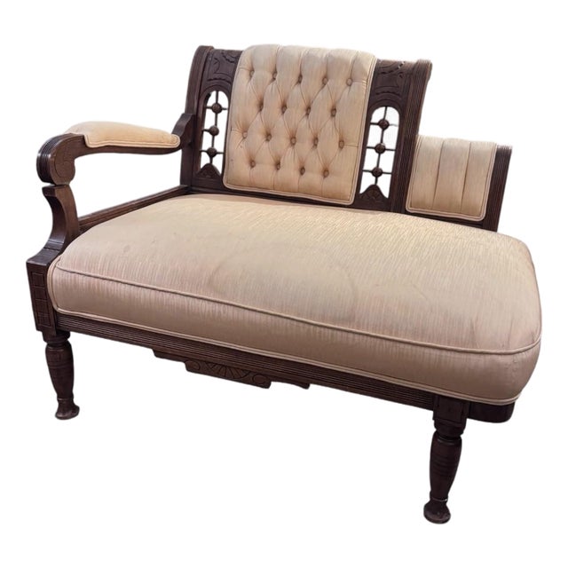 Antique American Victorian Walnut Tufted Parlor Settee With Carved Frame, Circa 1880 For Sale