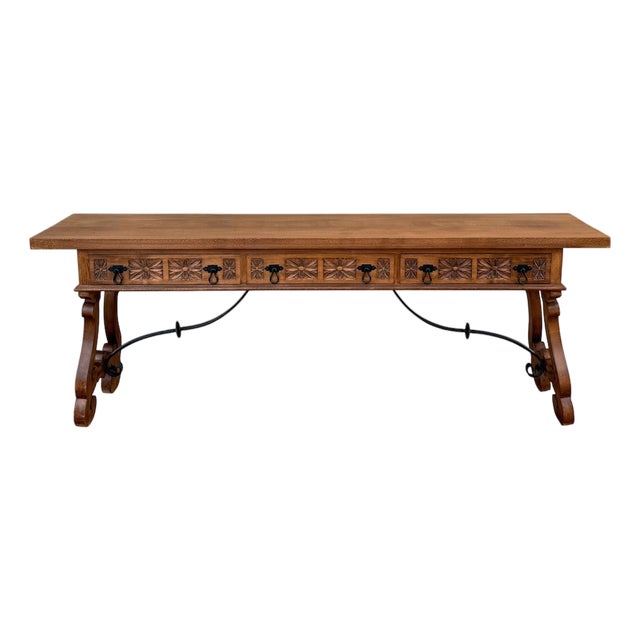 20th Century Spanish Rustic Carved Wood Console Table , 1965 For Sale