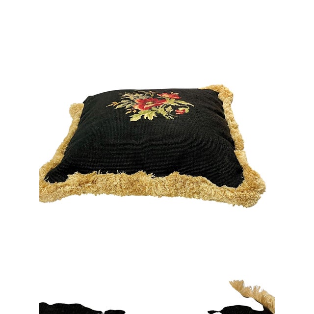 Set of 4 Vintage Petit Point Floral Needlepoint Pillows With Gold Fringe Trim For Sale - Image 6 of 12