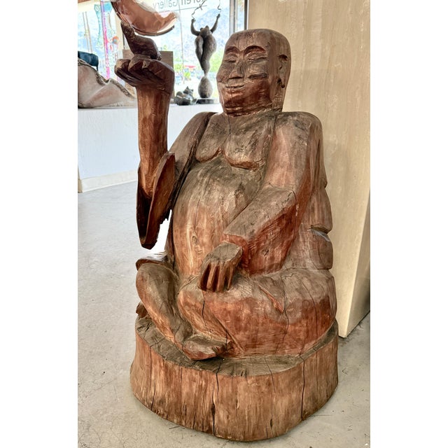 Tan Massive Carved Wood Buddha Holding a Bird For Sale - Image 8 of 12