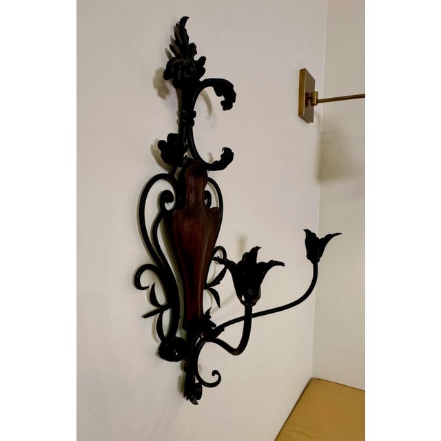 French Rococo Black Wrought Iron & Walnut Wood Double Candle Wall Sconce For Sale - Image 4 of 12
