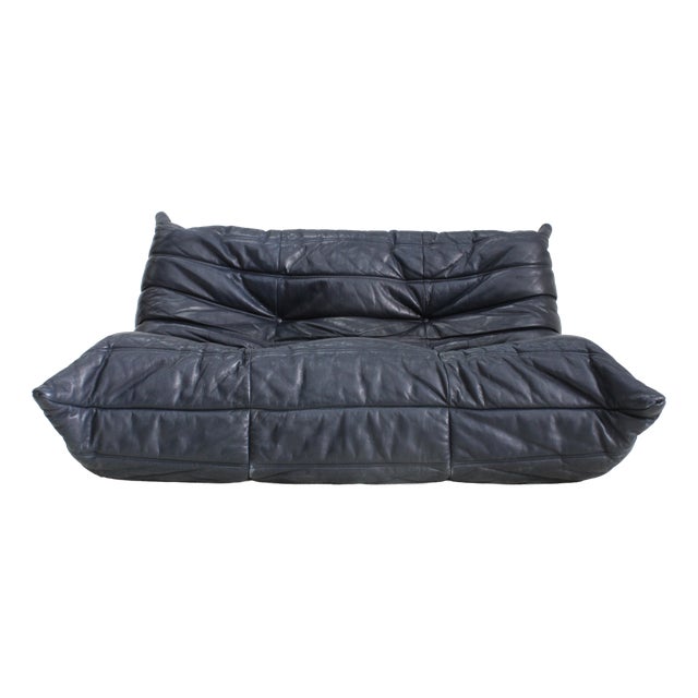 Vintage Togo Two-Seater Sofa in Blue Leather by Michel Ducaroy for Ligne Roset, 1990s For Sale