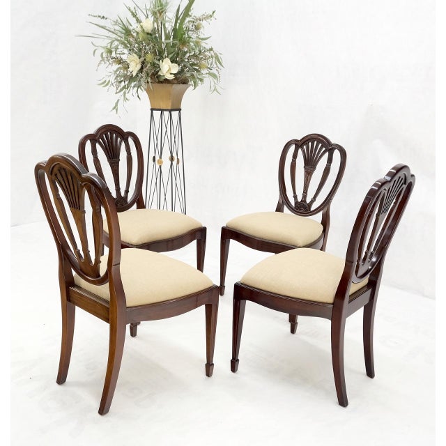 Heart Shape Shield Back Carved Mahogany Federal Chairs New Linen Uphols - Set of 4 For Sale - Image 4 of 10