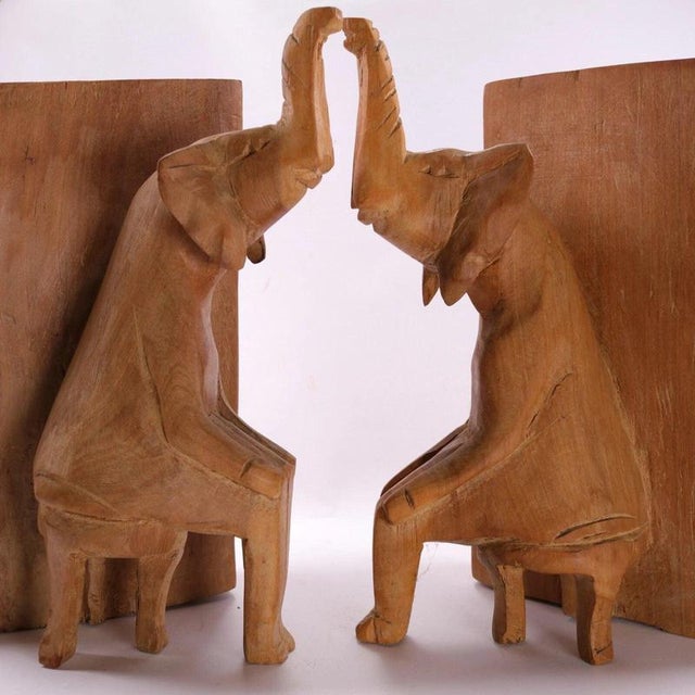 Wood Mid-Century Modern Carved Sycamore Anthropomorphic Elephant Bookends, 1950s, Set of 2 For Sale - Image 7 of 13