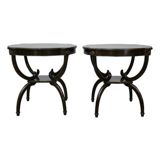 English Midcentury Period Dark Lacquered Side Tables with Neoclassical Accents For Sale
