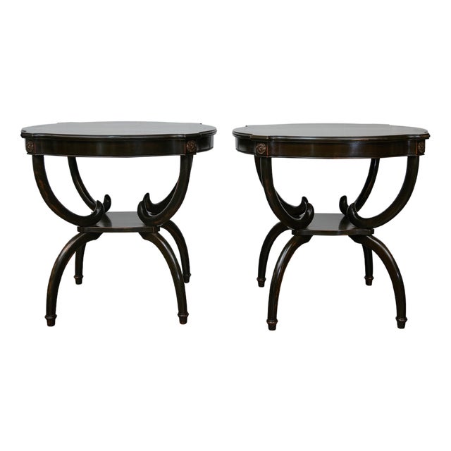 English Midcentury Period Dark Lacquered Side Tables with Neoclassical Accents For Sale