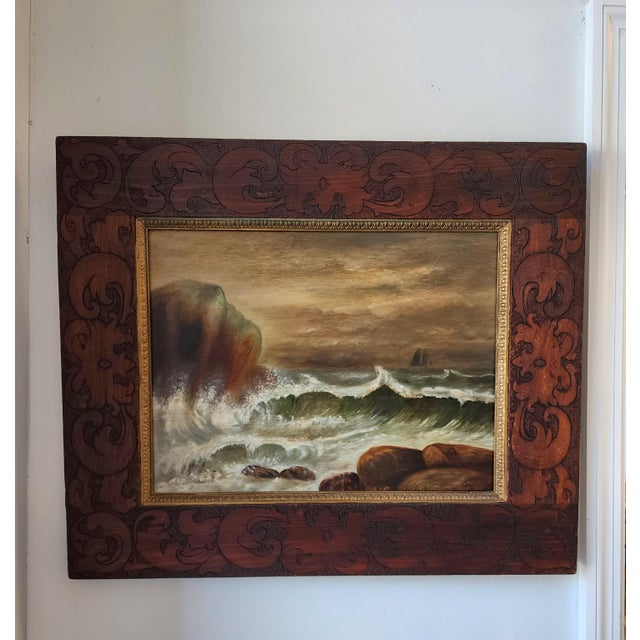 Capture the sublime power of the ocean with this dramatic 19th-century maritime oil painting on board. Presenting a moody,...