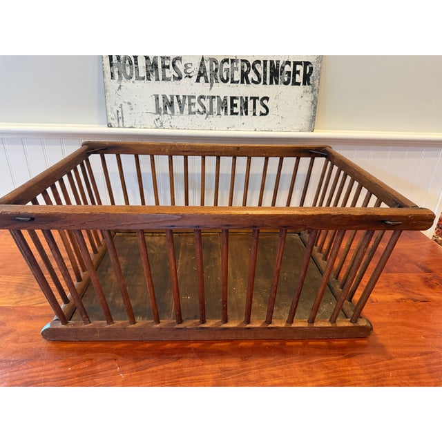 Large Antique Oak Slat Market Basket | Primitive General Store Produce Display Crate | Mission Style Farmhouse Storage For Sale In Boston - Image 6 of 17