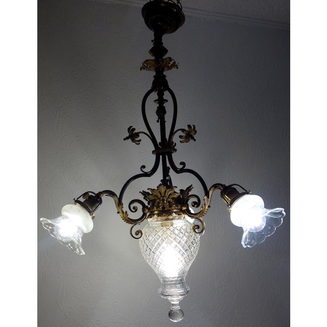 Antique French Art Nouveau Brass and Glass 4-Light Chandelier, 1940s For Sale - Image 9 of 13