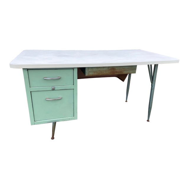 Vintage Mid Century Modern Industrial Steel Metal School Writing Teachers Desk For Sale