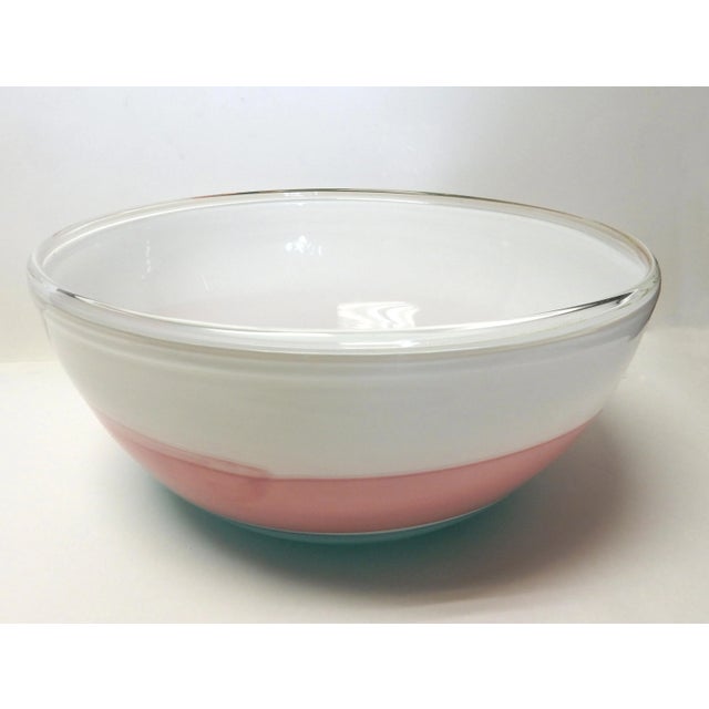 Striking Oggetti Handblown Murano Glass Bowl in White, Pink, and Blue. Marked underneath. Very large bowl with fun design,...
