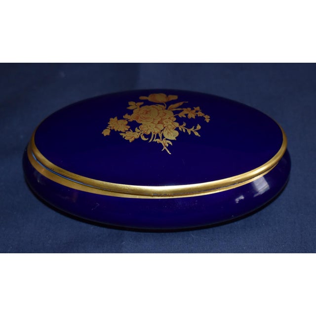 French Limoges Oval Trinket Box France Cobalt Blue Porcelain Gold Floral 22k Vintage For Sale - Image 3 of 15