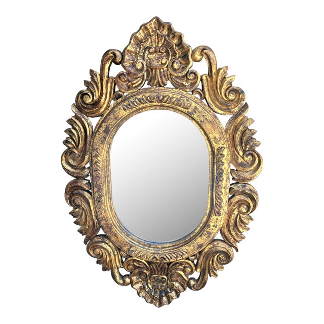 Vintage Large Solid Carved Wood Gold Gilt Oval Hollywood Regency Wall Mirror For Sale