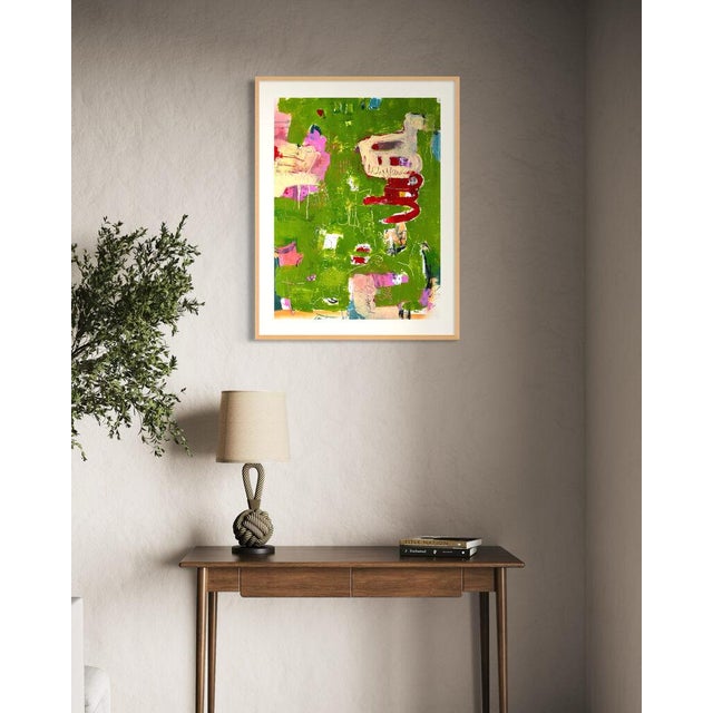 Christiane Corcelle "Orquevaux Mossy Whispers" Mixed Media on BFK Paper, Framed Abstract Painting in Moss Green, Pink and Red, 2024 For Sale - Image 9 of 9