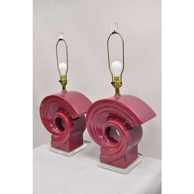 Vintage Postmodern Cranberry Red Sculptural Snail Scroll Ceramic Table Lamp Pair For Sale - Image 12 of 12