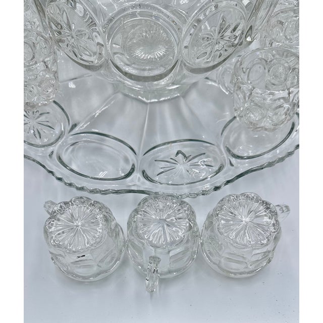 Glass 1960s Tiffin-Franciscan l.e Smith Moon & Stars Punch Bowl, Large Under Plate & 10 Cups For Sale - Image 7 of 11