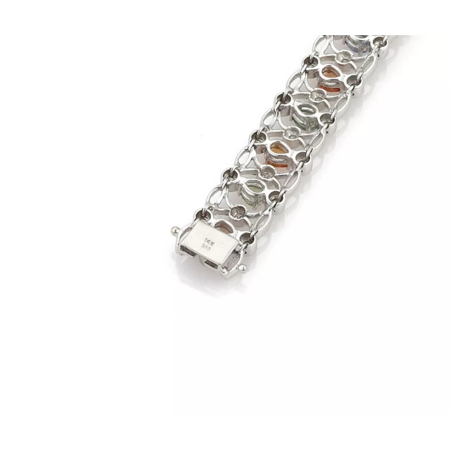 8.47ct Diamond Multicolor Sapphire 12mm Wide 14k White Gold Bracelet For Sale - Image 4 of 5