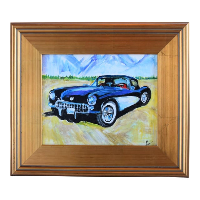 Original Artist Signed Classic 1957 Chevy Corvette Car Painting W/ Gold Frame For Sale