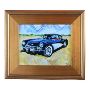 Original Artist Signed Classic 1957 Chevy Corvette Car Painting W/ Gold Frame