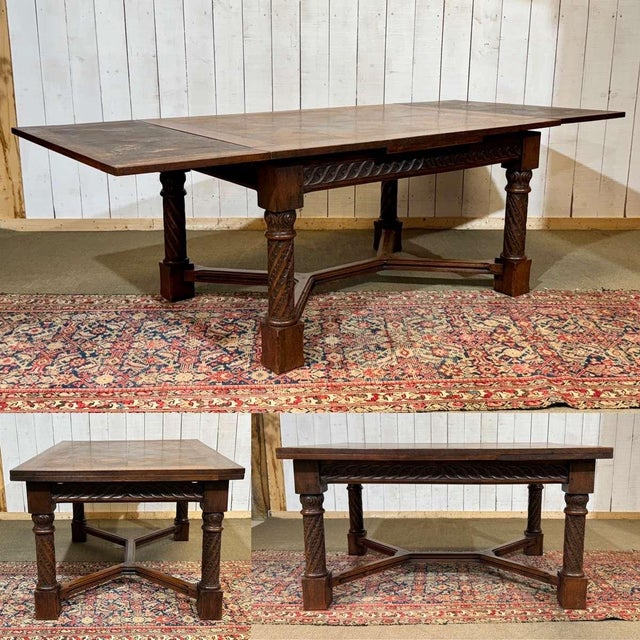 Extendable oak table from the 1930s with Gothic decoration - Lmin=1.40m Lmax=2.32m W=1m H=75cm