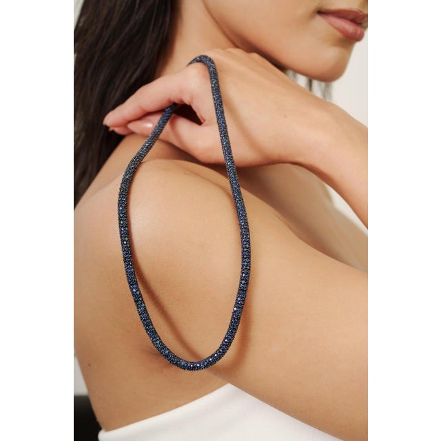 925 Silver Natural Deep Blue Sapphire Bold Beaded Necklace for Women For Sale - Image 4 of 12