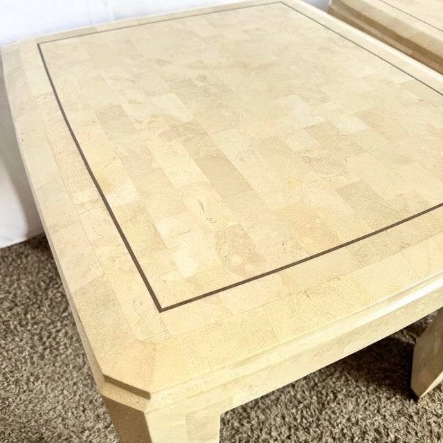 Beige Postmodern Polished Tessellated Stone Side Tables With Brass Inlay - A Pair For Sale - Image 8 of 10