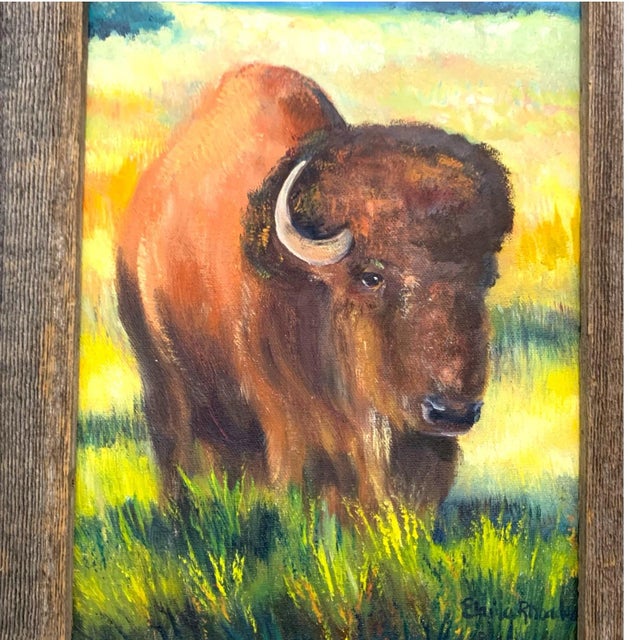 Painting Buffalo in Field Oil on Canvas Signed Elaine Rhoades Vintage Original Art For Sale - Image 4 of 6