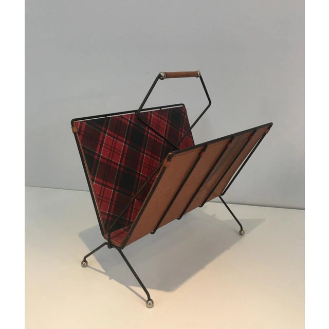 Black Black Lacquered Metal, Leather and Plaid Fabric Magazine Rack For Sale - Image 8 of 13