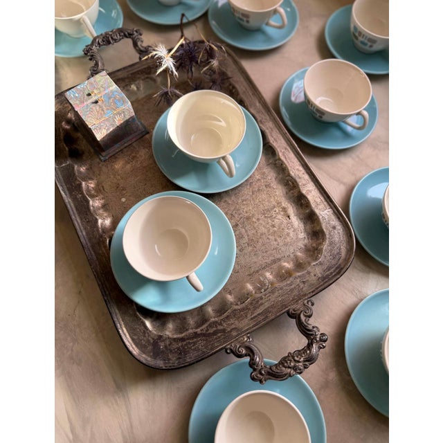 Mid-Century Modern Vintage Mid-Century Modern Teacups and Saucers – “Temporama” Pattern (Unmarked) – Blue & Brown Atomic Design - 26pcs For Sale - Image 3 of 12
