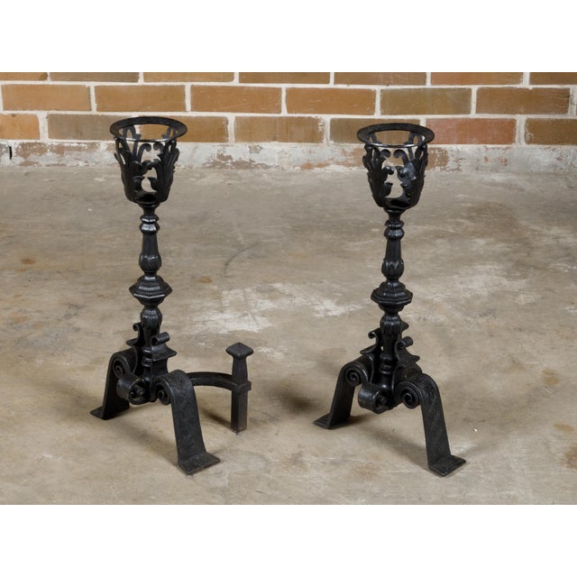 English Pair of English Turn of the Century Iron Andirons with Foliage and Guilloches For Sale - Image 3 of 11