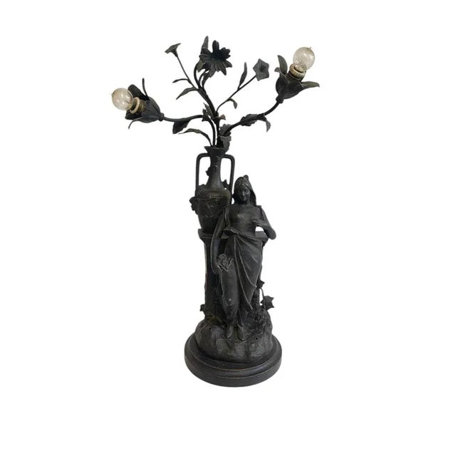 Antique Antimony Table Lamp with Female Figure, Early 20th Century For Sale - Image 9 of 9