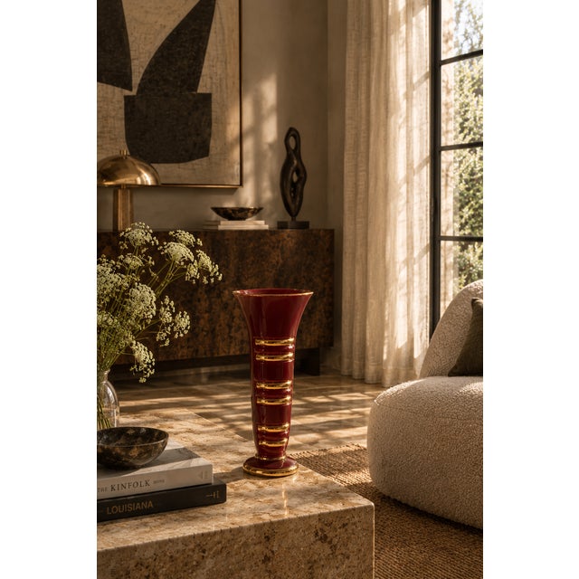 Red & Gold Art Deco Ceramic Vase, Blanche Letalle for Saint-Clement 1950s For Sale - Image 6 of 6