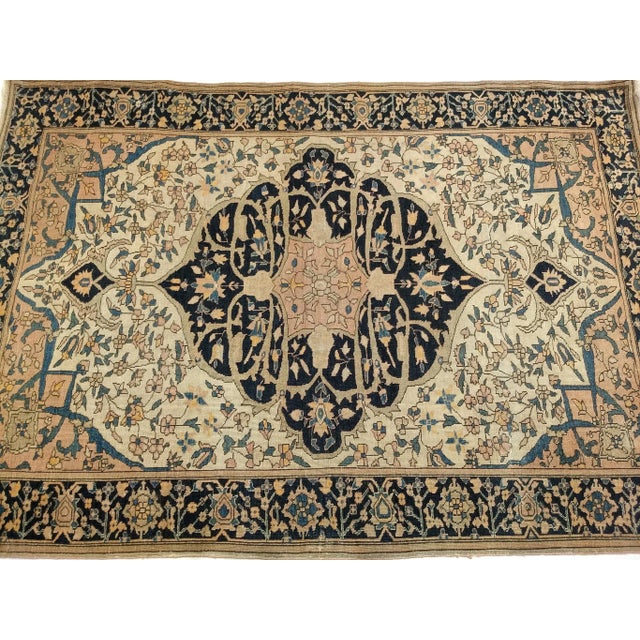 19th Century Persian Farahan Sarouk Area Rug, Handwoven Medallion Pattern, Ivory & Navy, 4’ X 5’ For Sale - Image 12 of 12