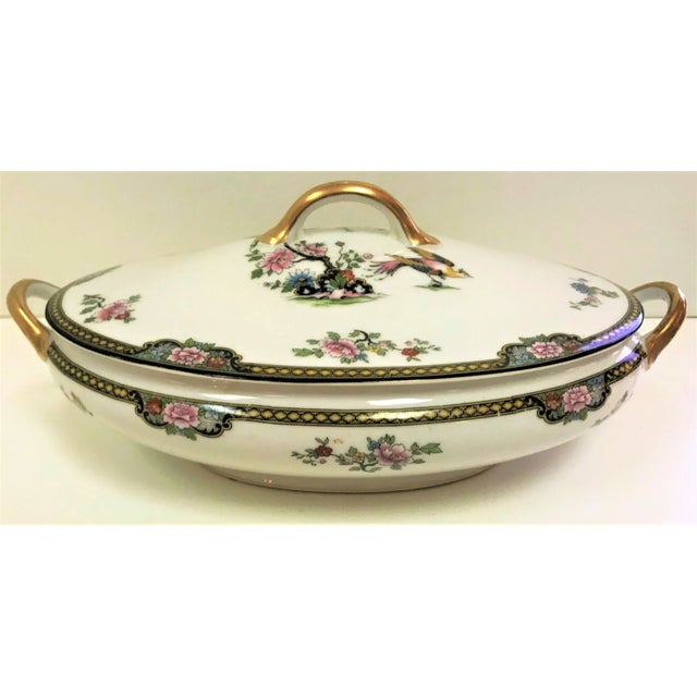 Beautiful Japanese Noritake Porcelain serving dish with lid in the "Pheasant" pattern. Gold painted handles and trim...
