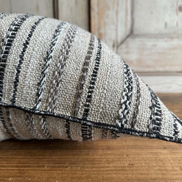 Custom Linen and Wool Blend Black Textured Stripe Pillow With Down Insert For Sale - Image 4 of 6