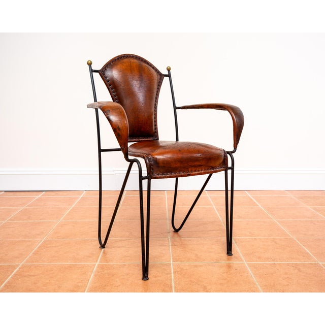 Jacques Adnet Mid-Century Modern Sculptural Leather Armchair in Iron and Brass from Jacques Adnet, 1950s For Sale - Image 4 of 18
