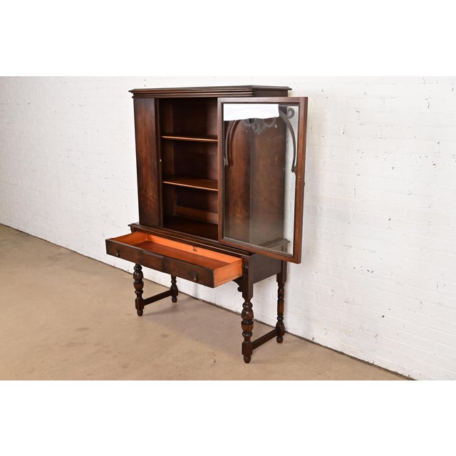 Limbert English Jacobean Carved Walnut and Burl Wood Bookcase or Bar Cabinet, Circa 1920s For Sale In South Bend - Image 6 of 15