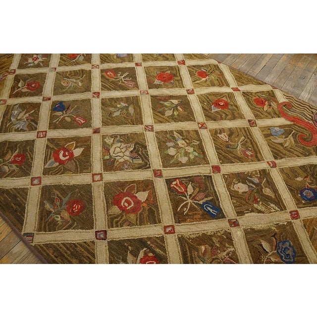 Brown 1870s Brown Diamond Folk Art Antique American Hooked Rug 5'0" X 7'3" Woven Wool Carpet For Sale - Image 8 of 9