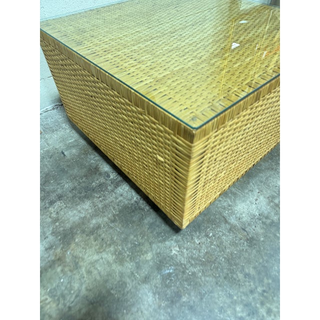 1980s Boho Coastal Wicker Glass Top Cube Coffee Table For Sale - Image 5 of 10