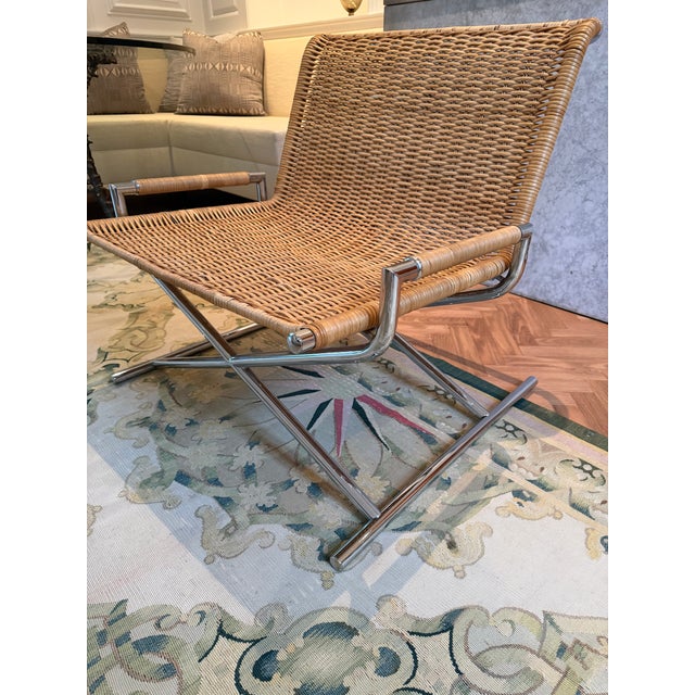 Mid-Century Modern Ward Bennett for Brickel Associates (Attributed To) Chrome and Woven Cane Sled Lounge Chair For Sale - Image 3 of 4