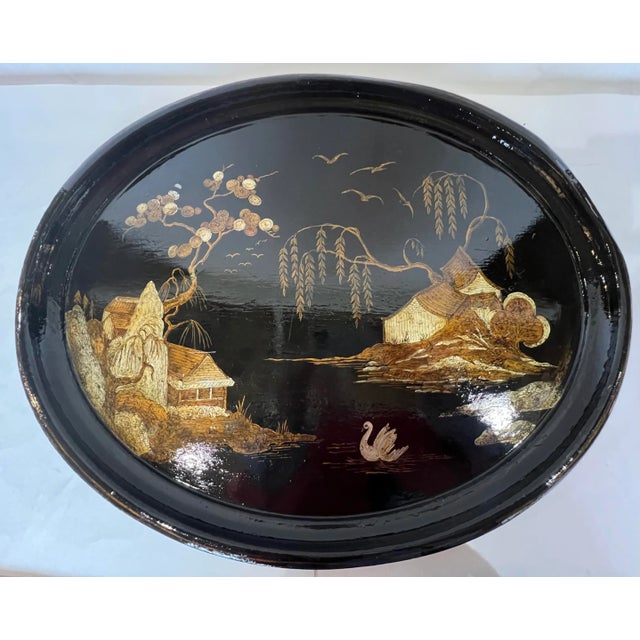Antique Black Tole Chinoiserie Serving Tray For Sale - Image 11 of 12