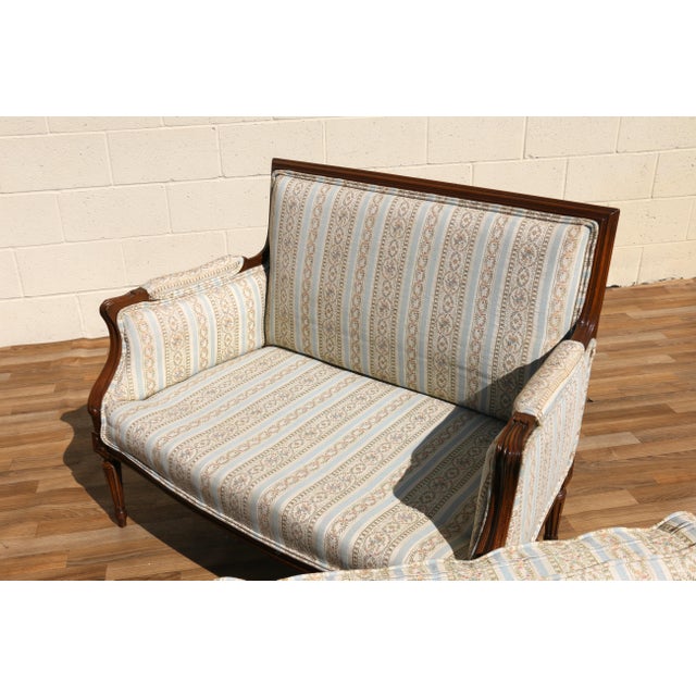 Pair of Antique French Louis XVI Style Upholstered Loveseats, Circa 1950s For Sale - Image 17 of 18