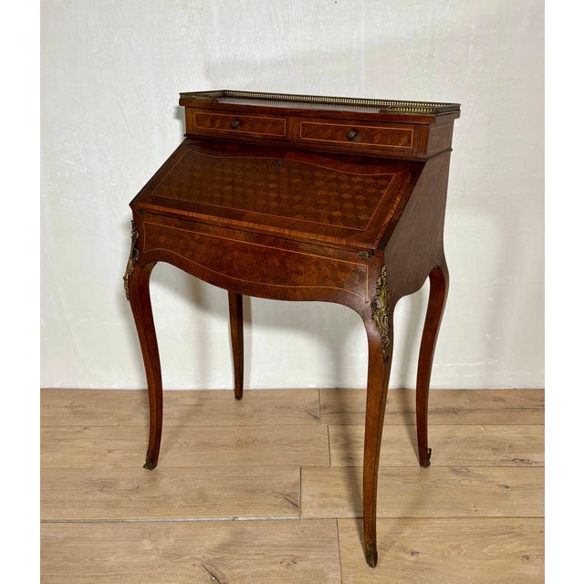 1930s French Louis XV Style Slant Front Secretary Desk with Leather Writing Surface For Sale - Image 9 of 16