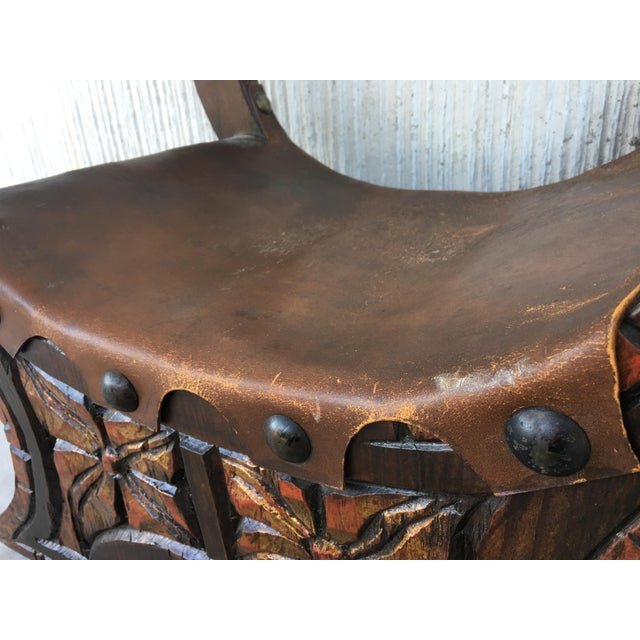 20th Spanish Polichromed & Carved Savonarola Wooden Armchair Leather Seat For Sale - Image 12 of 13