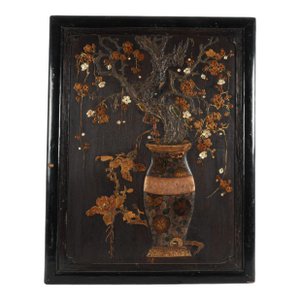 Framed Antique Japanese Mixed Media Wood Art